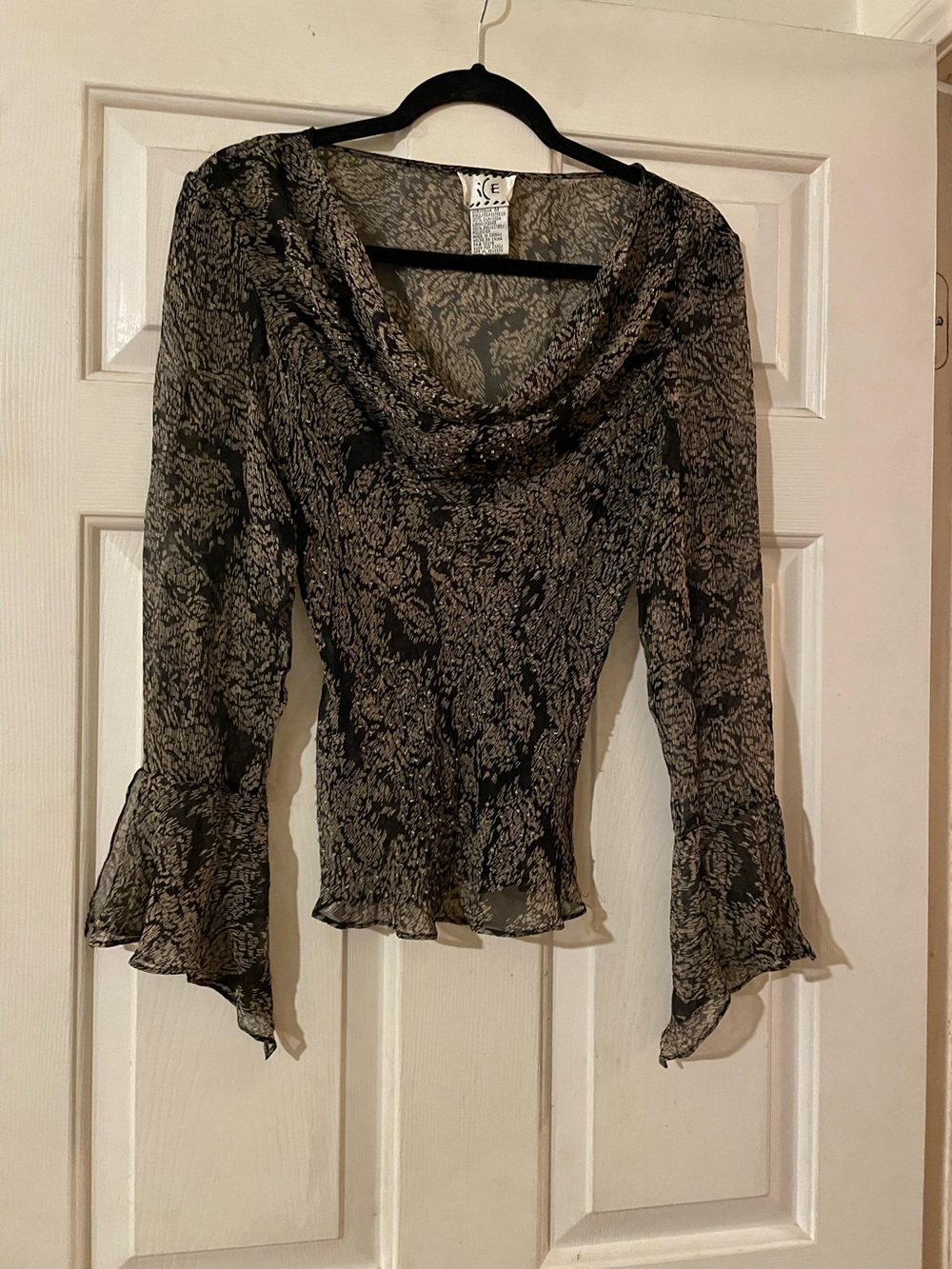 Vintage iCE 100 Silk Draped Cowl Neck Bell Sleeve Blouse Medium Black